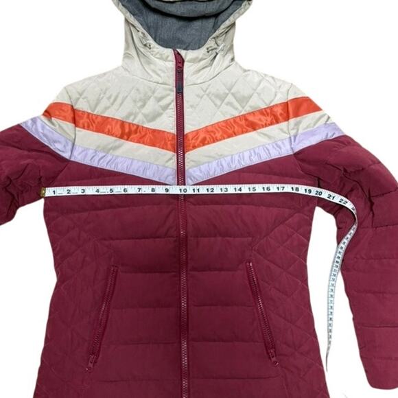 YO COLORADO Hooded Puffer Jacket Colorblock Retro Stripe Maroon Beige S/M - Picture 6 of 11
